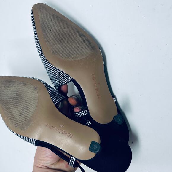 Kenneth Cole Slingback Jewelled Kitten Heel Black Silver Strappy Ankle - 7 - Picture 5 of 10